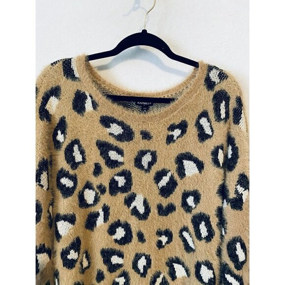 Express Sweater Womens XL Cheetah Print Crew Neck Pullover Fuzzy Soft Boho - Picture 3 of 7